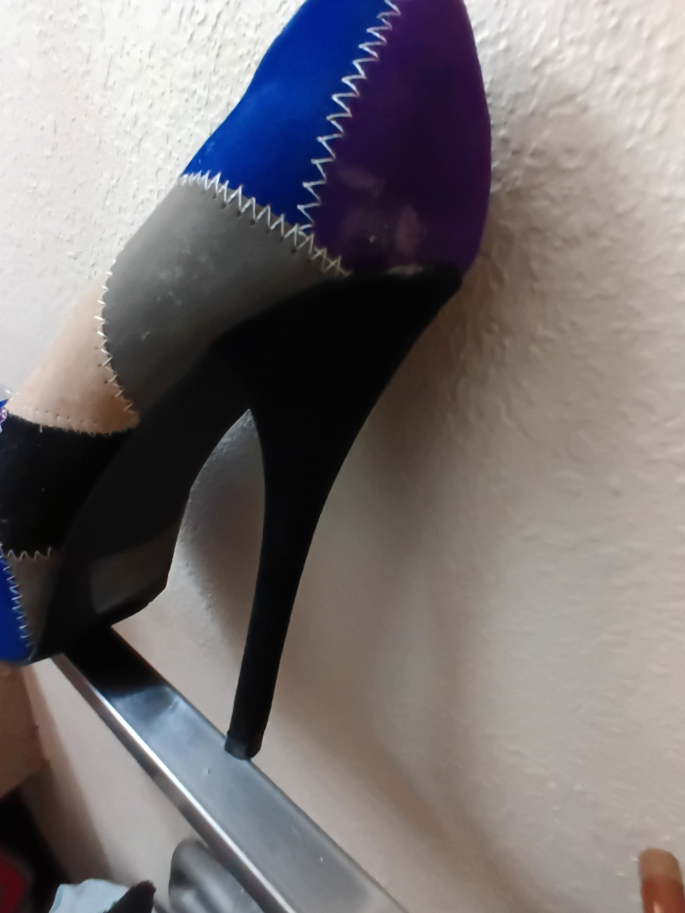 Colorblock Pointed-Toe Stiletto Pump in Blue, Purple, Gray and Black